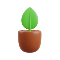 3D green leaf sprout in brown plant pot
