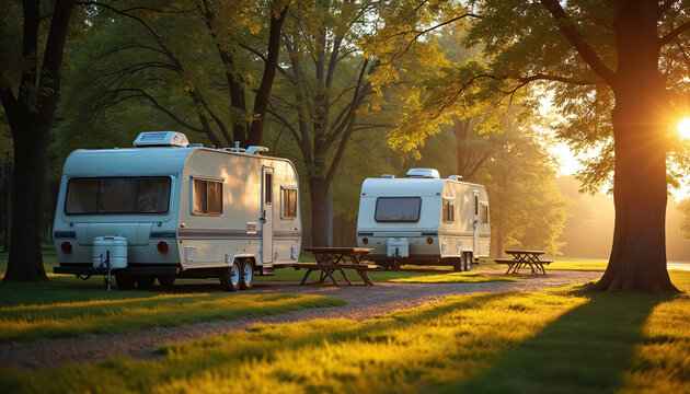Campers parked campsite early morning. Recreation vehicles on green grass near picnic tables. Trees with sunlight shining on camping trailers, motorhomes. Summer leisure travel and vacation concepts.