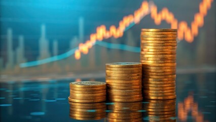 Golden coin stacks on reflective surface with glowing stock chart in background — ideal for financial investment, wealth growth, and economic trend visuals