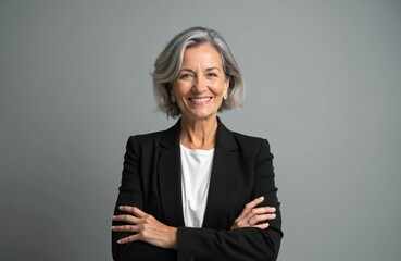 Successful mature woman in business attire with gray hair smiles confidently. Professional headshot photo of self-assured female executive, ceo. Businesswoman with arms crossed. Leadership and career.