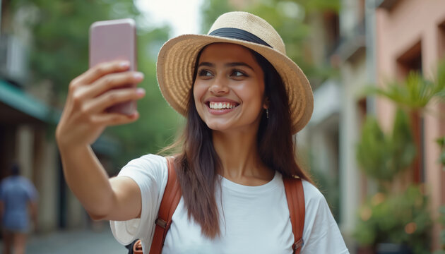 Happy woman takes selfie with smartphone, smiling travels outdoor city. Young female vlogger records video for social media, travel influencer. Tourism holiday, blogger, tourist, streaming live video.