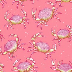 Colorful Crab Pattern Artwork: Whimsical Marine Life and Seafood Illustration on Pink Background