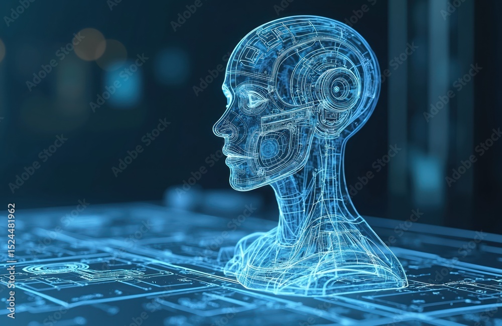 Poster intricate blueprint robot head, futuristic tech concept. digital ai human design. technology, engine