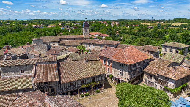 Aerial view of the town square of the medieval walled town of P&eacute;rouges in the French department of Ain near Lyon in the Auvergne-Rh&ocirc;ne-Alpes region, France