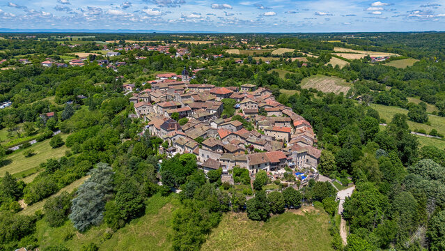 Aerial view of the medieval walled town of P&eacute;rouges in the French department of Ain near Lyon in the Auvergne-Rh&ocirc;ne-Alpes region, France