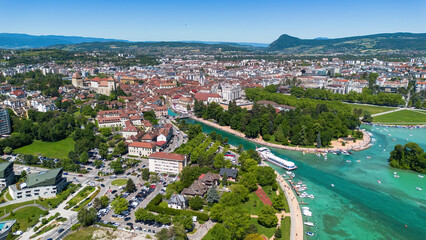 Fototapeta premium Aerial view of Annecy, a lakeside city located in Haute-Savoie, Auvergne-Rhônes-Alpes, France