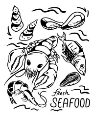 Fresh seafood illustration, have a good style and shape, its all match when you need design for seafood illustration vector graphic.