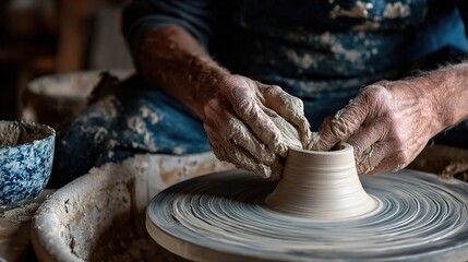 Skilled Potter Molding Clay on Wheel with Natural Light Background