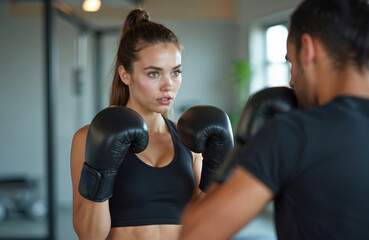 Young woman boxer trains with personal trainer at gym. Female athlete in black sportswear practices boxing punches. Trainer holds mitts. Sporty girl active in combat sport. Healthy lifestyle training