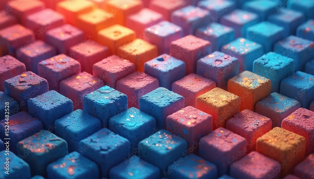 Poster Abstract colorful lattice background. Geometric 3D cube blocks create mosaic pattern. Dynamic design in blue, orange, red colors. Modern tech digital illustration, perfect for design, wallpaper