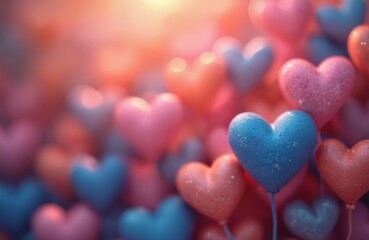 Romantic illustration blurred background with heart-shaped balloons. Multicolored air balloons in red blue pink shades with bokeh lights. Concept of love joy romanticism. Valentines day background.
