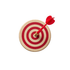 Red dart is perfectly hitting center of circular target, symbolizing precision and success. target features concentric red and white circles, emphasizing accuracy and focus