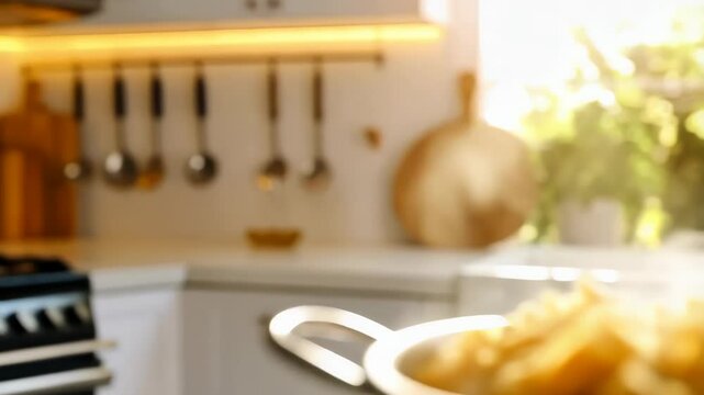 Close-up of steamy, golden pasta in a silver colander on a white countertop in a bright kitchen, with window light in the background.