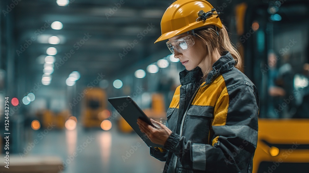 Poster female engineer working on robotics programming in industrial setting