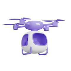 3D passenger drone with purple rotors and open cabin