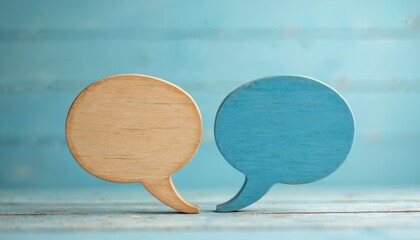 Two wooden speech bubbles, natural wood and blue, on wooden background. Concept communication, dialogue, talk, discussion in simple modern way. Social media icon, chat symbol.