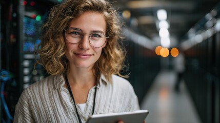 Professional Female Engineer with Eyeglasses in Server Room