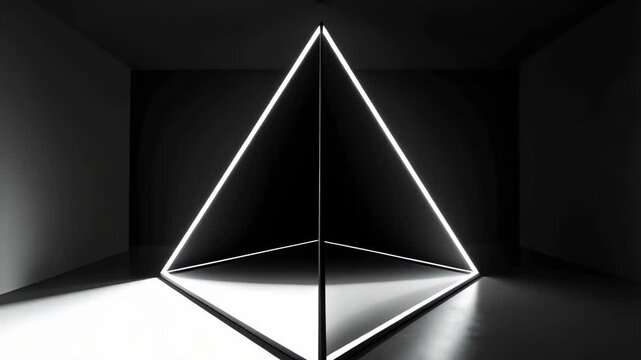 Illuminated equilateral triangular pyramid in a dark gray room with geometric shapes on a gray concrete floor surface.