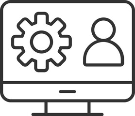 Gear and user icons on PC monitor display, product design icon