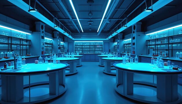 Modern laboratory interior at night lit by vibrant blue lights. Round lab benches, glassware, equipment create futuristic tech lab ambiance. Ideal backdrop for scientific research, medical tech