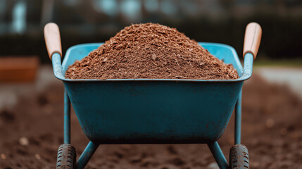 Wheelbarrow filled with soil in a garden setting  