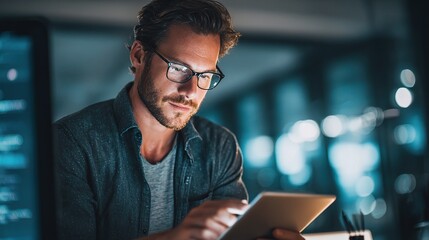 Focused Individual Using Tablet in Modern Workspace at Night