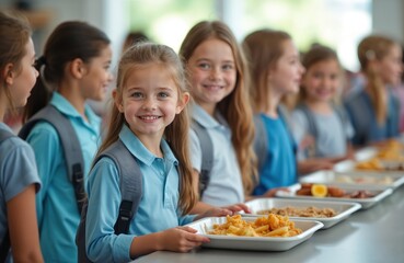 Smiling schoolgirls with food trays waiting in line during lunch break at school canteen. Friends stand together with meals, happy students enjoying food. Healthy diet, balanced meal, eating at