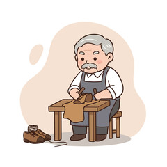 Elderly shoemaker working with leather at a table in a workshop  