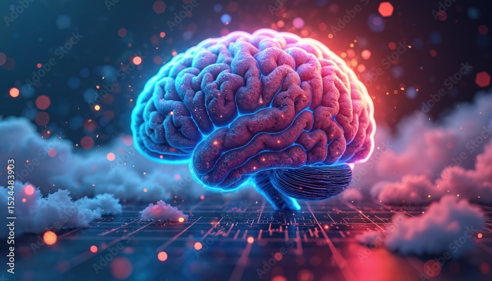 Aufkleber Abstract illustration of colorful brain model on background of clouds, digital circuit board. Concept of big data, artificial intelligence, creativity, tech. Idea for science, business, technology,