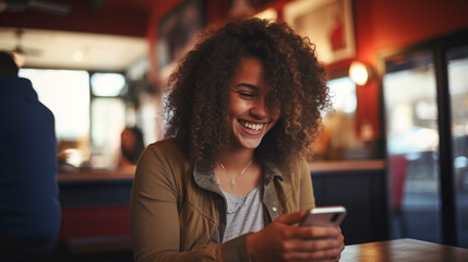 Portrait of a smiling woman with curly hair using a smartphone indoors at a table in a cafe setting
