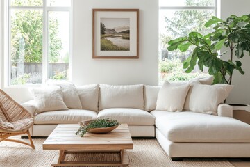 Naklejka premium Bright and airy living room with comfortable sofa, wooden table, and natural light