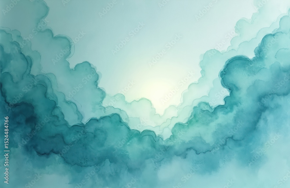 Aufkleber abstract watercolor art featuring light blue-green clouds pattern. artwork has watercolor paper text
