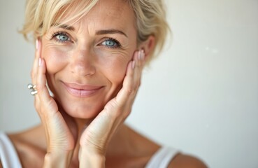 Mature woman touches face smiling. Happy female with healthy skin in her 40s. Beauty, wellness, skincare, anti-aging. Smiling lady with short blonde hair looking at camera. Good cosmetic habits.