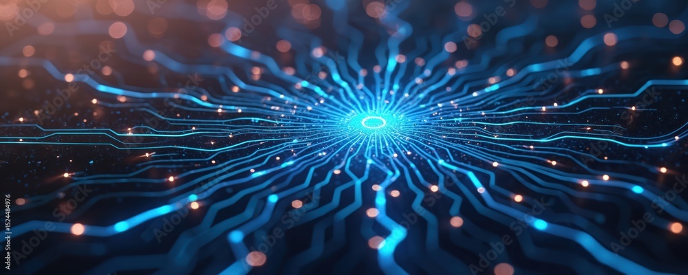 Poster Abstract circuit board design. Futuristic tech background. Neon blue lines, orange bokeh. Computer tech, data processing. Digital transformation, innovation, modern cyberspace.