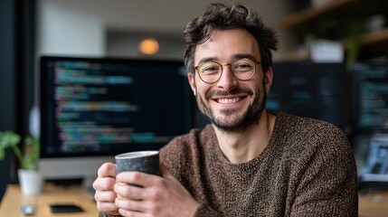 Young Smiling Software Engineer Enjoying Coffee in Modern Office