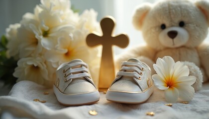 Baptism concept with white baby shoes, gold cross, teddy bear and flower. Celebrate christening, religious event. Invitation, congratulations. Newborn baby faith, belief, catholic, christian symbol.