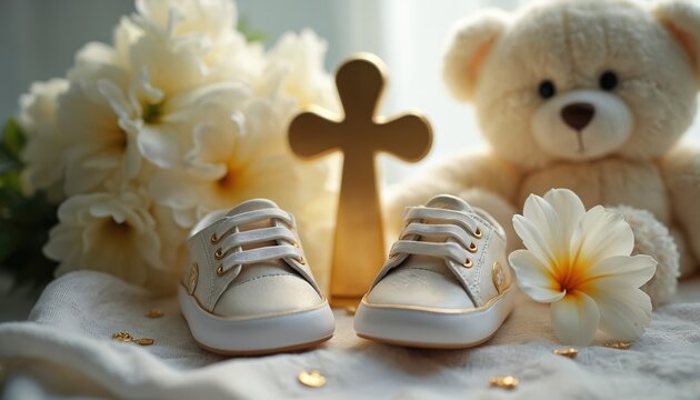 Baptism concept with white baby shoes, gold cross, teddy bear and flower. Celebrate christening, religious event. Invitation, congratulations. Newborn baby faith, belief, catholic, christian symbol.