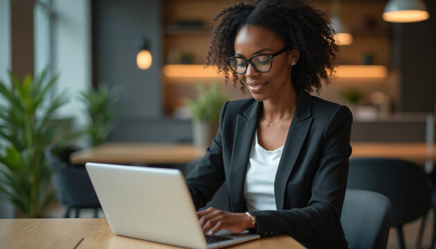 Attractive business woman using laptop computer in modern office. Confident female manager with glasses analyzing data, working online. African American businesswoman, online work, startup concept.