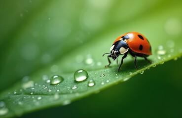 Obraz premium Ladybug sits on green leaf with water droplets. Insect in natural environment. Macro shot of red spotted beetle, insect on green foliage. Nature, wildlife, summer season.