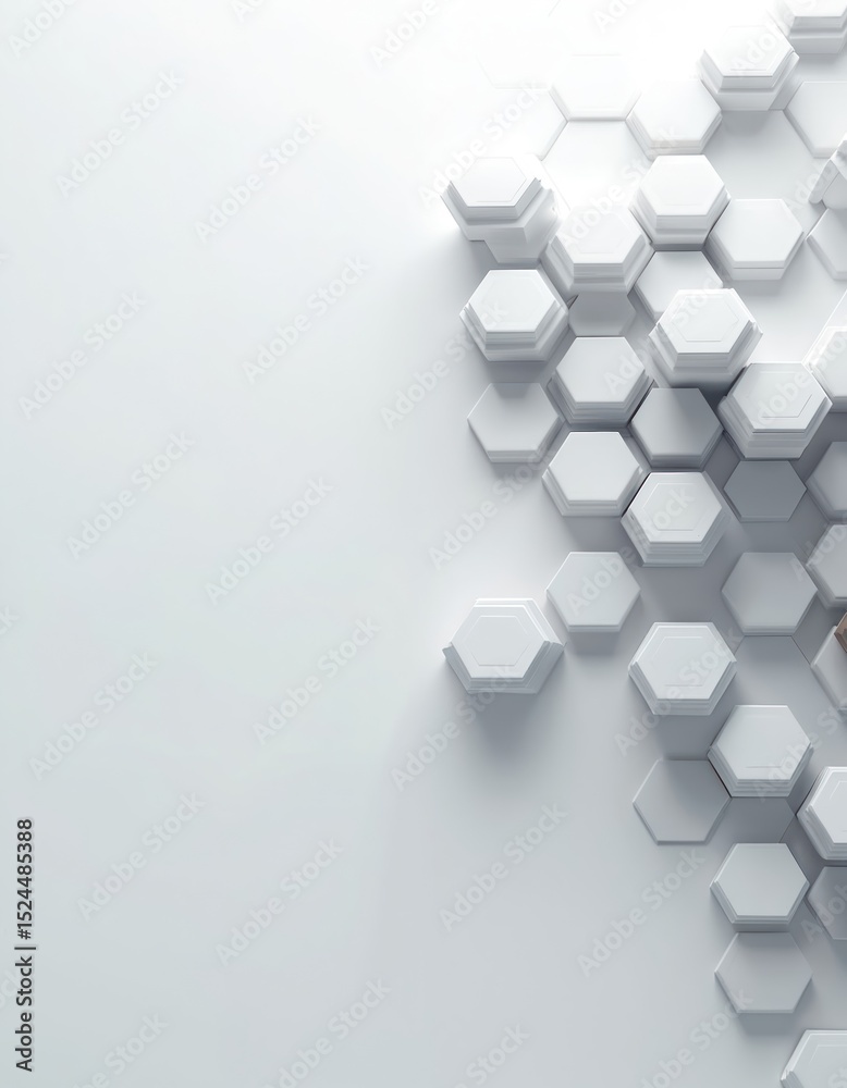 Poster Abstract geometric digital art featuring futuristic hexagonal shapes on white background. Modern minimalist pattern, clean design, high technology, structure, 3d rendering.