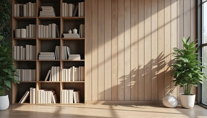 Pro business Zoom virtual background. Modern office room, minimalist design, wooden wall, bookshelves, indoor plants, home office setting. Ideal for video conferences, presentations, online meetings,