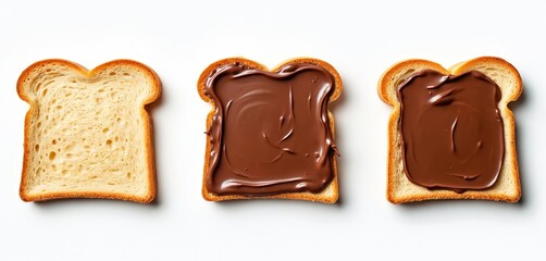 Obraz premium Slices toast with chocolate hazelnut spread isolated white background. Breakfast snack with cocoa cream. Delicious sweet dessert with bread and nut paste. Morning snack with high calorie food.