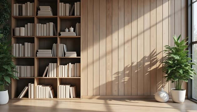 Pro business Zoom virtual background. Modern office room, minimalist design, wooden wall, bookshelves, indoor plants, home office setting. Ideal for video conferences, presentations, online meetings,