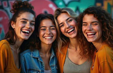 Obraz premium Four cheerful women laughing, outdoor city background. Friends party, summer evening, enjoying life. Female friendship, happiness, joy. Portrait of smiling young girls. Positive emotions, carefree
