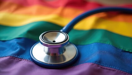 Rainbow pride flag with stethoscope LGBTQ healthcare. Represents mental health, transgender rights, inclusion. Doctors, nurses, patients in gay community. Equality, diversity, support, healthcare