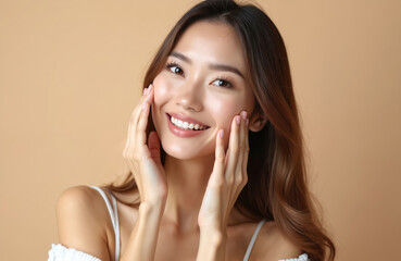 Fototapeta premium Cheerful young woman touches soft skin, checking face condition. Natural beauty, glowing skin, healthy complexion. Skincare beauty treatment. Cosmetology, anti-age concept, laser peeling,