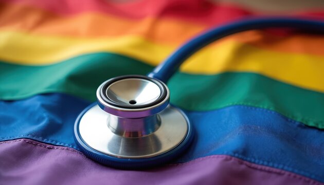 Rainbow pride flag with stethoscope LGBTQ healthcare. Represents mental health, transgender rights, inclusion. Doctors, nurses, patients in gay community. Equality, diversity, support, healthcare
