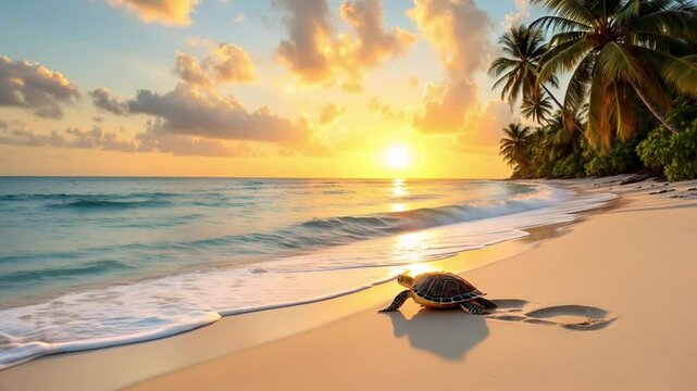 A sea turtle is seen slowly making its way across the sand