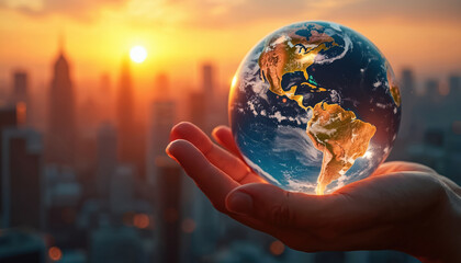 Fototapeta premium Hand holds glowing Earth globe against sunset city. Global concept, environment eco-tech. Sunset sky background, community, future, planet, hope, world, building, horizon. Digital art, illustration,