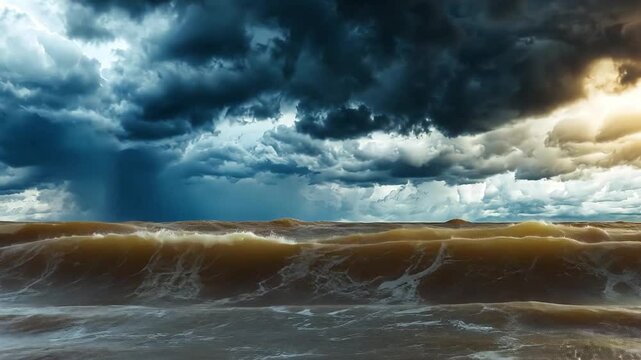 Majestic Stormy Sea with Dark Clouds and Lightning Over Rough Waters at Dusk